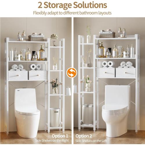Housolution Over The Toilet Storage with 2 Drawers, 7 Tier Over Toilet Bathroom Organizer with Height Adjustable Shelves and Hooks, Space Saver Above Toilet Rack for Bathroom/Restroom/Laundry, White