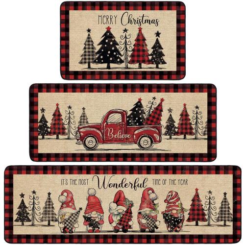 3 Pcs Christmas Kitchen Rugs Non Slip Winter Floor Mat for Kitchen Floor Hallway Laundry Sink and Bathroom, 20x32 20x47, 20x59(Buffalo Plaid)