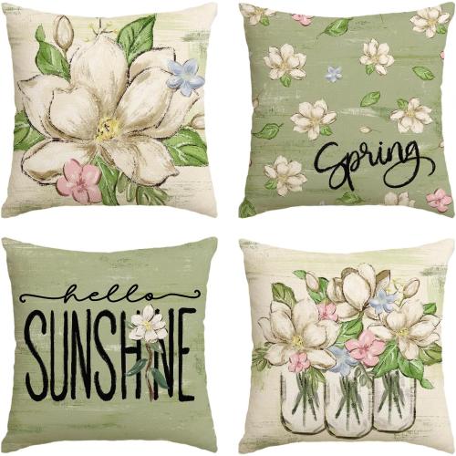 AVOIN colorlife Spring Mangnolia Green Throw Pillow Covers, 18 x 18 Inch Hello Sunshine Vases Cushion Case Decoration for Sofa Couch Set of 4