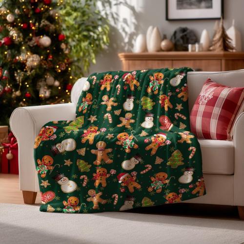 Horaldaily Christmas Flannel Blanket Throw, Green Gingerbread Man Christmas Bear Soft Fuzzy Plush Cozy Fleece Blankets for Couch Sofa Bed Lounging, Ideal Gifts for Kids Adults Wife Self, 50x60