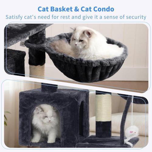 Heybly Cat Tree with Toy, Cat Tower Condo for Indoor Cats, Cat House with Padded Plush Perch, Cozy Hammock and Sisal Scratching Posts, Smoky Gray HCT004SG