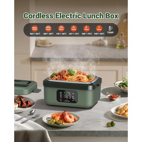 ODSD Cordless Electric Lunch Box for Adults, 16000mAh Rechargeable Self-Heating Lunch Box Food Warmer with Timer & Adjustable Heating, 34oz/1L Container with Insulated Bag for Office Car Outdoor