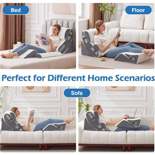 6PCS Wedge Pillow Set for After Surgery, Orthopedic Bed Wedge Pillow for Headboard, Memory Foam Back Pillow for Bed Sitting Up, Sit Up Pillow for Acid Reflux Relief, GERD, Anti Snoring (White)