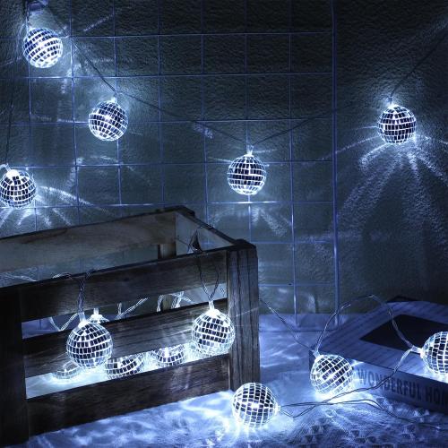 White Silver Cunno 40 LED Disco Ball String Lights 70s Decorations 9.8 ft Mirror Disco Light Battery Operated Ball Globe Ornaments for Christmas Wall Tree Indoor Outdoor Party Supply(White Silver)