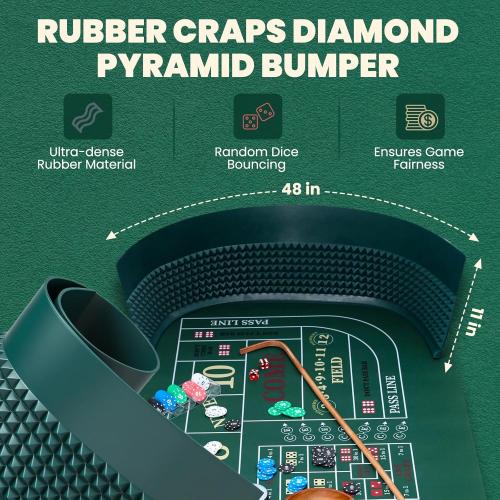 NEWTRY Craps Game Set: 35”×70” Craps Tabletop Layout, 48x11”Rubber Diamond Pyramid Bumper, 36” Rattan Stick, 5pcs Professional dice, 100 pcs Chips & ON/Off Buttons for Game Nights Party Camping