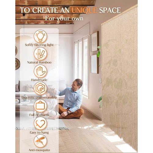 90 Strands Beaded Curtain for Doorways -35.5x79- Handmade Natural Beaded Curtains，Boho Doorway Wood and Bamboo Bead Curtain-As Insect Screen/Room Divider-Beige