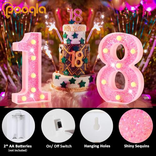 Pooqla Marquee Numbers Lights, light up Numbers Battery Powered, Glitter Lighted Numbers for Girls 1st Birthday Party, Shiny LED Numbers for Christmas Wedding Home Bar Decoration, Pink Number 1