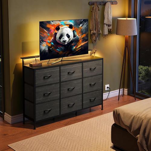 WLIVE Bedroom Dresser TV Stand 9 Drawers, Fabric Chest LED Lights, Charcoal | Black 9-drawer dresser TV stand fits 55in TV with wood top and charging station, fabric dresser for kids bedroom