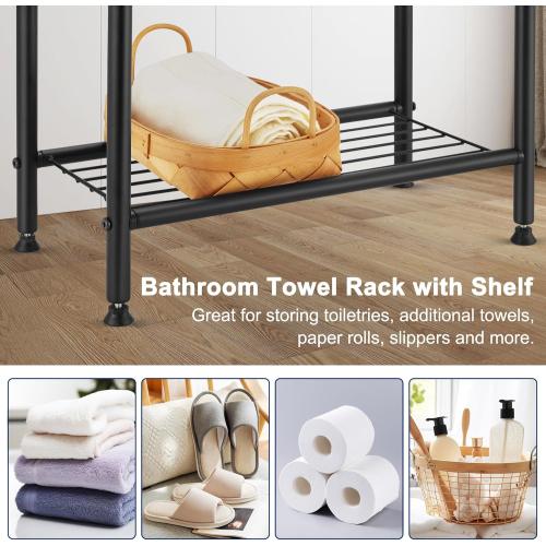 Free Standing Towel Rack, 2 Tier Towel Racks for Bathroom with Storage Shelves, Modern Outdoor Standing Towel Drying Rack for Poolside, Black Blanket Rack Holder, DECLUTTR