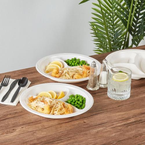 Restaurantware-RW Base 10.4 Inch Microwavable Food Plates, 150 Round Plastic Plates - 3 Compartments, Disposable, White Plastic Dinner Plates, Serve Hot And Cold Foods, For Restaurants And Cafes