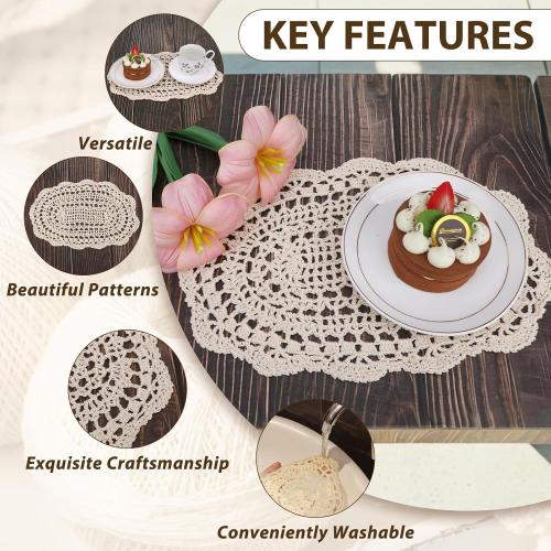 kilofly Crochet Cotton Lace Placemats Doilies 4pc, Oval, Beige, 7.8 x 14 inch