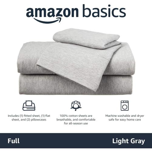 Amazon Basics 4 Piece Bed Sheet Set, 100% Cotton Jersey, Includes Super Soft, Flat and Fitted Sheets, Pillowcase, Twin , Light Gray, Solid