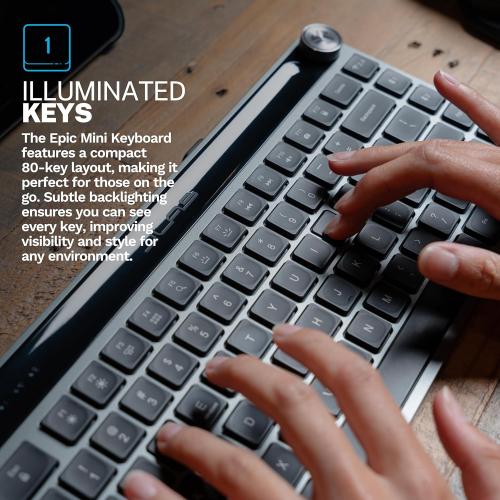 JLab Epic Mini Wireless Keyboard, Black, 108 Keys, Connect Via Bluetooth or USB Wireless Dongle, Multi-Device Toggle, Soft Touch Keys, Smart Media Knob, Custom User Profiles, Rechargeable (1 Pack)