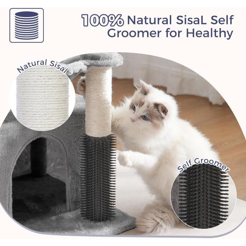 Color Grey pawfessor 5 in 1 Cat Tree 32 Inches Cat Tower with Self Groomer,15.7”Large Hammock, Fully Scratching Post, Removable Top Perch and Wide Condo for Indoor Cats-Gray