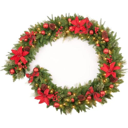 9Ft Red Poinsettias Pre-lit Christmas Garland 70 Lights Plug in,Holiday Decoration Fireplace Stairs Mantle Door Indoor Outdoor