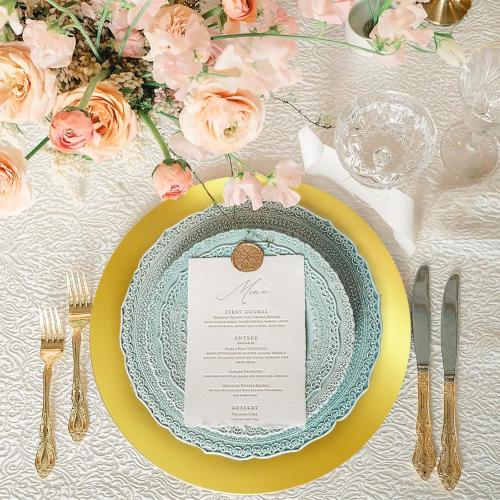Cedilis 100PCS Disposable Gold Paper Charger Plate, 13 Round Gold Placemats for for Elegant Table Decor, Perfect for Weddings, Holiday Parties, Receptions