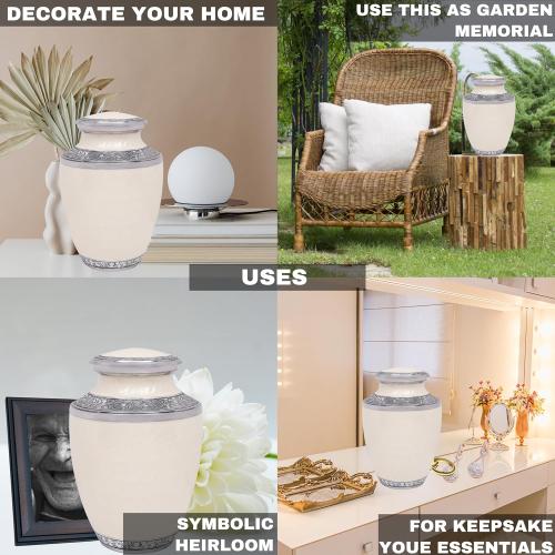 Lightweight Metal Cremation Urn for Human Ashes - Decorative Metal Memorial Urn for Adults, Secure Screw Lid, Durable Burial Urn for Home, Funeral, Men & Women 10 (White & Silver) - CLEENTABLE