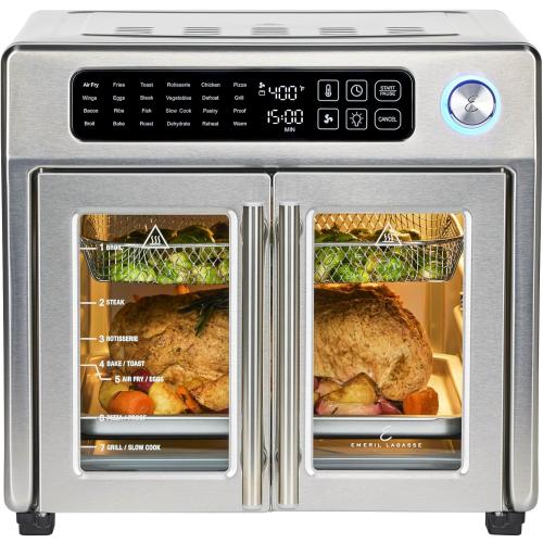 Silver Emeril Lagasse Extra Large French Door Air Fryer Toaster Oven Combo, 24 Cooking Functions and Digital Controls, 7 Accessories Included, Stainless Steel Finish, 26QT Capacity