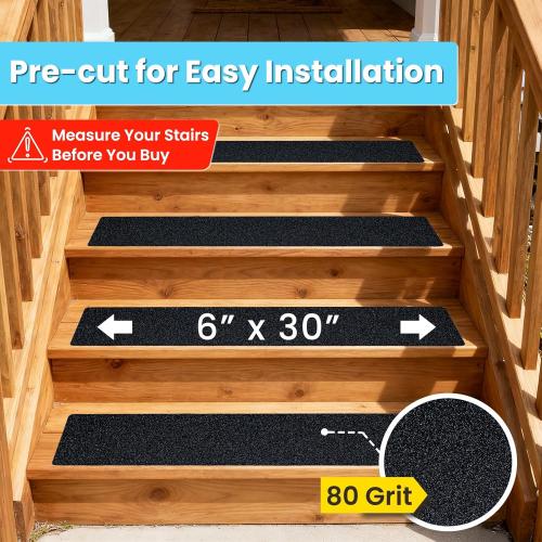 LifeGrip Anti Slip Traction Treads (10-Pack), 6 inch X 30 inch, Best Grip Tape Grit Non Slip, Outdoor Non Skid Tape, High Traction Friction Abrasive Adhesive for Stairs Step, Black (6 X 30 X 10P)