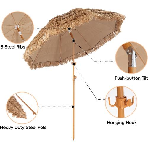 Brown Natural 6.5ft Hula Tahtched Tiki Patio Umbrella, Beach Umbrella Hawaiian Style with Hanging Hook and Tilt Design, 8 Ribs with Carry Bag for Outdoor Tiki Bar, Tropical Palapa, Garden, Pool, Natural