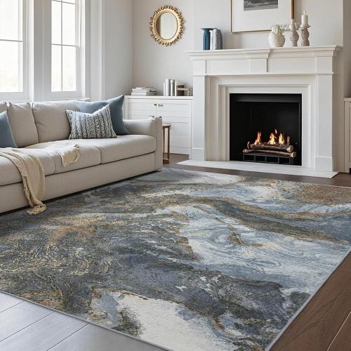 Modern Washable Rug for Living Room: Abstract Area Rugs for Bedroom Low Pile Non Slip - Stain Resistant Carpet for Dining Room Indoor - Grey Gold