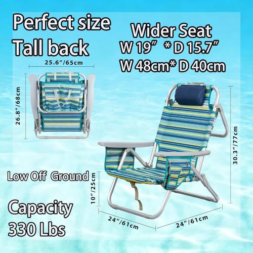 Aluminum Backpack Low Profile Beach Chair - 5-Position Lay Flat Reclining Folding Chair with Removable Cooler Bag - Heavy Duty 330 lbs Capacity, Lightweight Portable Sand Seat - Striped Green‼️has mild scratches ‼️