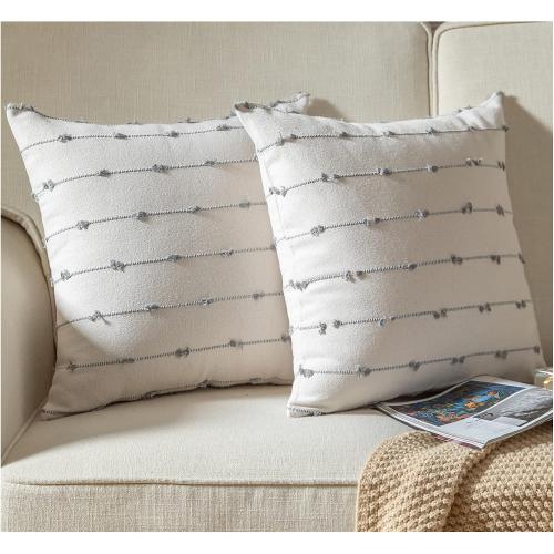 Caflife Boho Throw Pillow Covers 18x18 inches Beige and Grey, Set of 2 Modern Farmhouse Decorative Pillow Covers for Couch Bed, Living Room