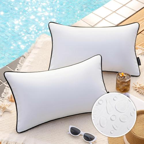 Phantoscope Pack of 4 Outdoor Waterproof Throw Pillow Covers with Contrast Piping, Decorative Square Cushion Case Patio Pillows for Couch Tent Sunbrella, Pure White 12x20 inches