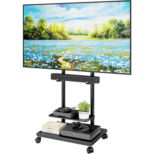 Rolling TV Stand with Soundbar Mount for 37-75inch TVs up to 154lbs | Swivel&Tilt Mobile TV Stand with Large Storage,Height Adjustable,Steel Base,Max VESA 600x400mm,Sturdiness,Easy Assembly,Black