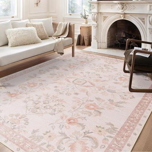 Area Rugs Washable,Large Floral Rugs for Living Room Bedroom Dining Room,Boho Indoor Floor Rug Non Slip Throw Carpet Low Pile Vintage Pink EXTRA LARGE