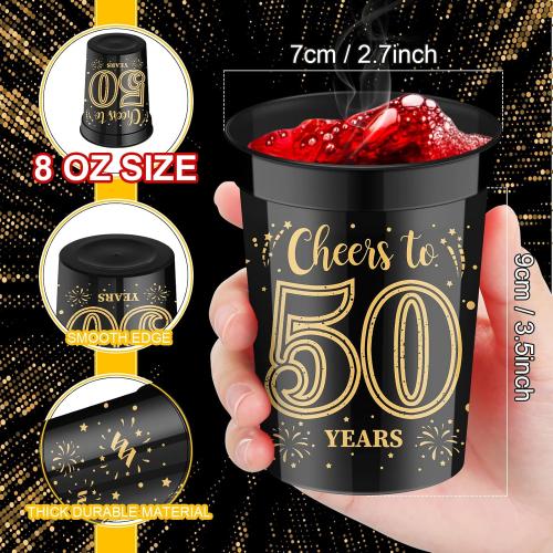 40 Pack 50th Birthday Cups Cheers to 50 Years Birthday Party Cups Gold and Black Plastic Stadium for Decorations Party Favors Men Women Wedding Anniversary Supplies