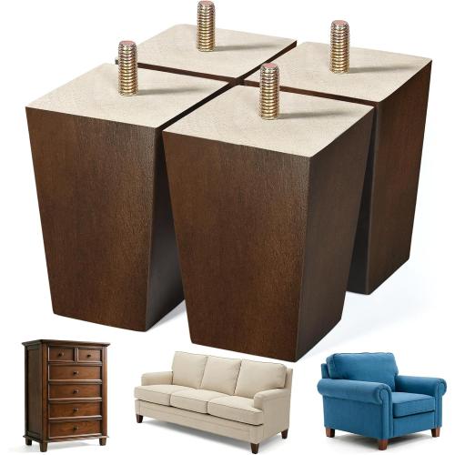 Wood Furniture Legs, 4 inch Sofa Legs, Square Couch Legs Pack of 4, Wood Legs for Table w/Pre-drilled Hanger Bolt