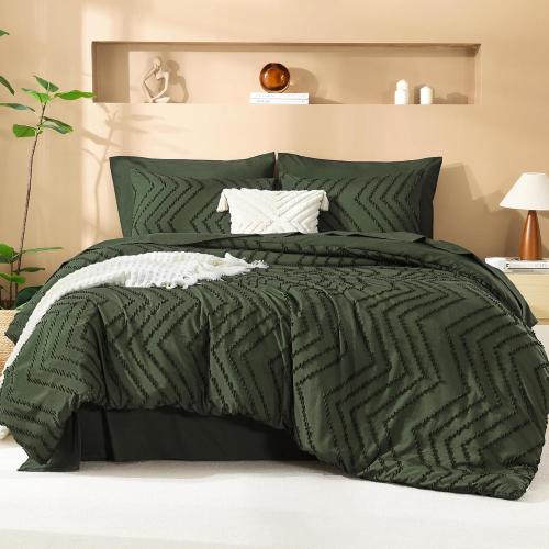 Litanika King Size Comforter Set with Sheets Dark Olive Green - 7 Pieces Bed in a Bag King Chevron Tufted Complete Bedding Sets with Comforter, Sheets, Pillowcases & Shams