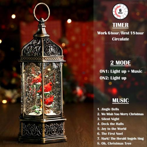 Cardinal Snow Globe Christmas Decorations Gifts Auto Snowfall Glitter Music Collection Cardinal Decor with 6H Timer USB/Battery Powered 12.5 inch