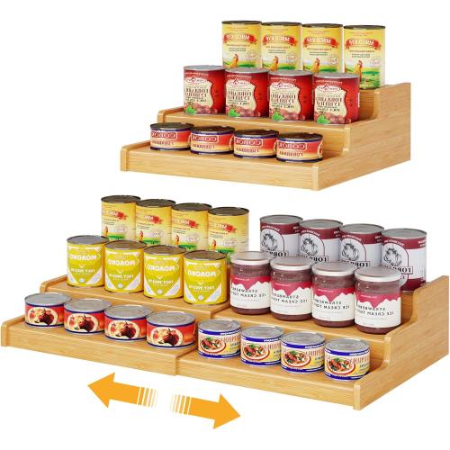 Expandable Bamboo Can Rack Organizer for Pantry, 3-Tier Adjustable Can Storage Holder, Soda Organizer Holds Up to 24 Cans, Canned goods Storage Display for Pantry, Cabinet, Countertop (patent pending)