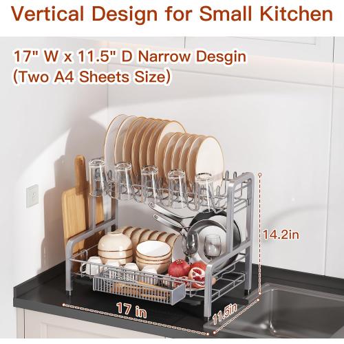 2 Tier Dish Drainers Drying Rack for Kitchen Counter Large Stainless Steel Dishes Drain with Drainboard, Space Saving, Big Modern Silver Countertop Metal Plates Dryer Strainer Holder and Extra Tray