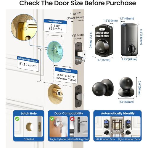 Veise Keyless Entry Door Lock with 2 Knobs, Electronic Backlit Keypad Deadbolt with Handle Set, Auto Lock, One-time Codes, Smart Deadbolt for Front Door, Easy Installation, Matte Black