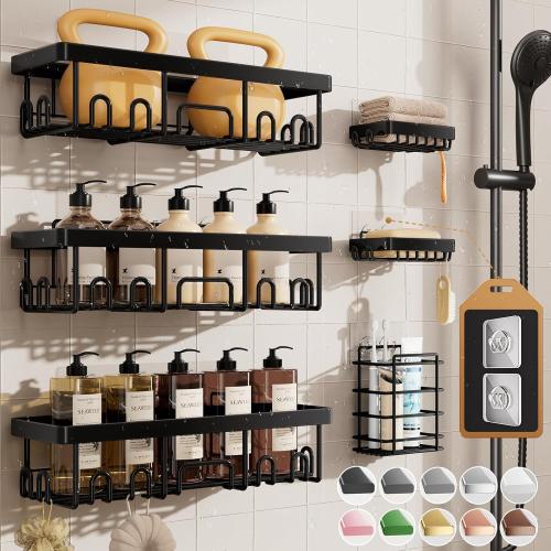 Veken Rustproof & Waterproof Shower Caddy 6-Pack, No Drilling Adhesive Shelves Rack with Soap Holder, Large Capacity Bathroom Organizers and Storage, Wall-Mounted Kitchen & Home Decor