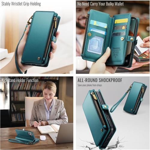Defencase Compatible with iPhone 16 Case Wallet with RFID Blocking Card Holder for Women Men, Fashion PU Leather Magnetic Snap Flip Zipper Strap Wallet Phone Case for iPhone 16 6.1, Blue Green