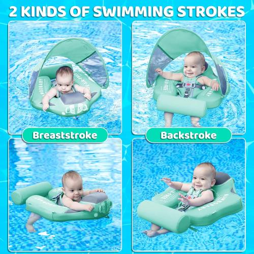 Mambobaby Baby Swim Float with Canopy & Tail Infant Pool Float Non-Inflatable Toddler Swim Float with Skin-Friendly Material for 3-24 Months Baby Boys Grils Elephant Green