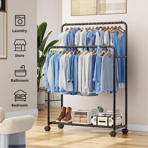 Simple Trending Clothing Clothes Rack Double Rods with Wheels, Rolling Metal Garment Rack for Hanging, Black