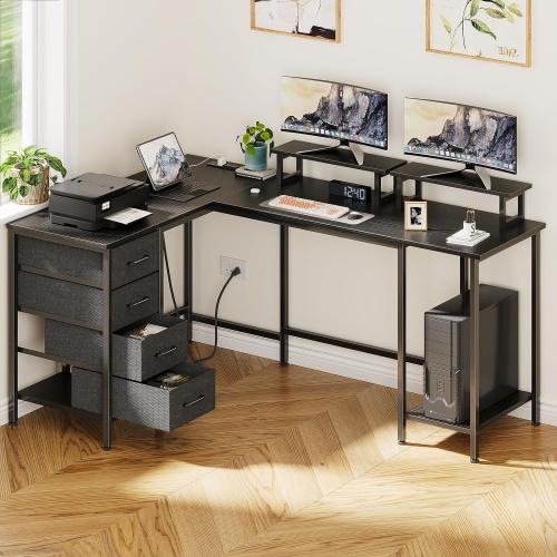Size 59 inch Color Black  L Shaped Computer Desk with Power Outlets, Home Office Desk with 4 Adjustable Storage Drawers & 2 Monitor Stands, Two Person Gaming Table for Bedroom, Black