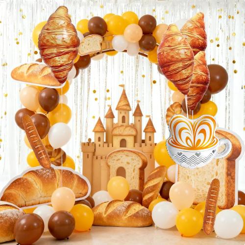 Croissant Coffee Balloons | Brunch Decorations, Paris Party Decorations | Croissant Baguette Latte Cup Foil Balloons for Coffee Bar Decor , French Party Decor, Cafe Party Decorations