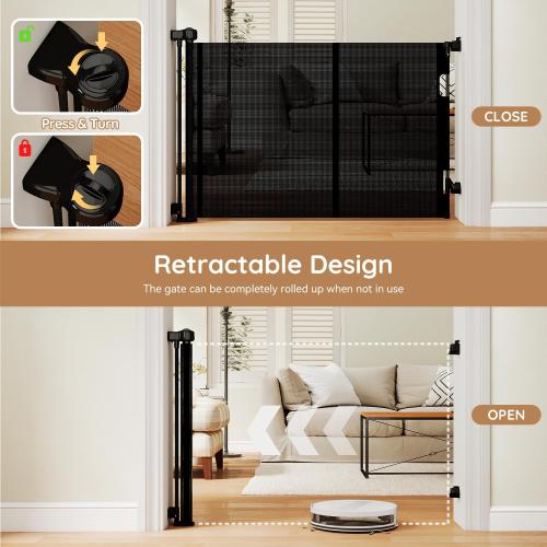 Miumoon One-Hand Operation Retractable Baby Gates, 150 inch Retractable Gate with Reinforced Strip Design to Prevent Crawling Through, 12 FT Extra Wide Retractable Dog Gate for Indoor/Outdoor