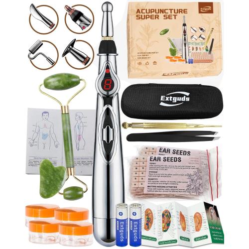 Acupuncture Super Set: 5-Head Electronic Acupuncture Pen   Gua Sha Tool   Ear Seeds   Retractable Acupuncture Pen   4 x Extra Massaging Gel   Tweezers Chart Batteries (Acupuncture Set(with A new bag))