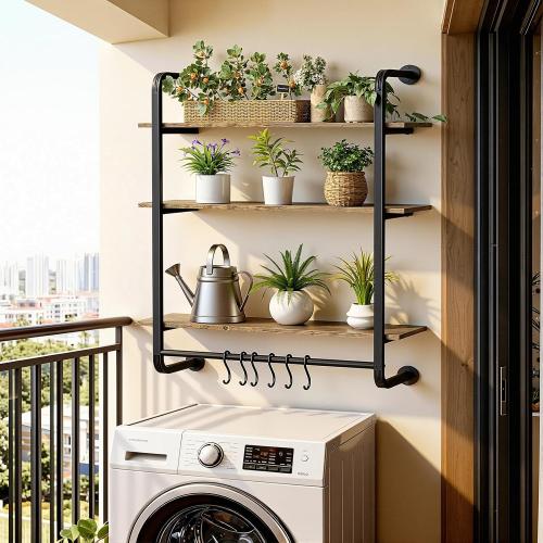 3 Tier Industrial Pipe Floating Shelf, 24 Kitchen Wall Shelves with Towel Bar & 6 Hooks, Coffee Bar Shelves Display Bookshelf Wall Shelf for Kitchen, Bathroom, Home Décor, Rustic Brown