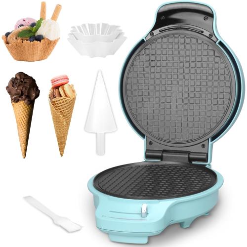 Baker's Friend Waffle Cone Maker Machine with Browning Control, Nonstick Waffle Bowl Maker, 7.5” Ice Cream Cone Maker, Thin Waffle Maker Crispy, Cone Roller & Bowl Press Included, Aqua
