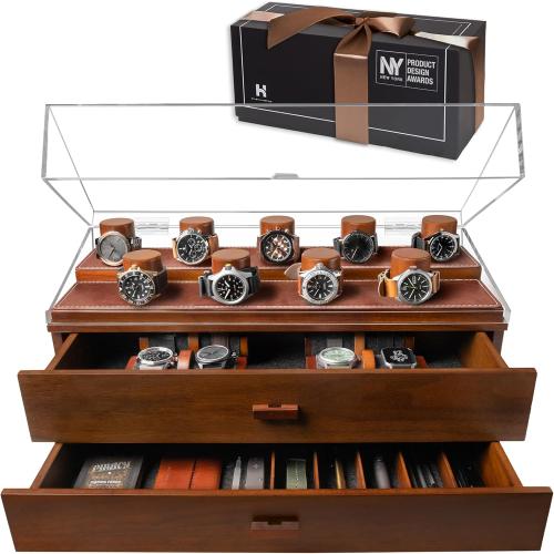 Holme & Hadfield Premium 17-Slot Wooden Watch Display Case – Extra Large Handcrafted Men’s Watch Box with Two Drawers – Birthday Gift for Crazy Collectors – Luxury Built to Last