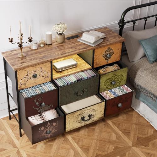 VASICAR Pattern Dresser with LED Lights and Power Outlets, Dresser TV Stand with 8 Drawers for 55 TV, Fabric Chest of Drawers for Bedroom, Living Room, Entryway