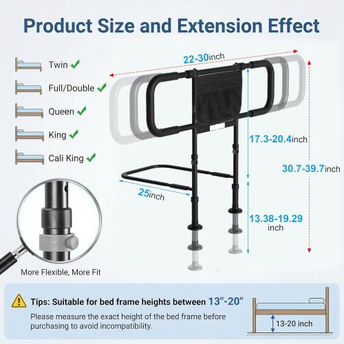 Bed Rails for Elderly Adults Safety with Motion Sensor Light, Heavy Duty Bed Rails for Seniors to Prevent Falling Out of Bed - Bed Side Rails, Height Adjustable Fits King/Queen/Twin, 400lbs Capacity
